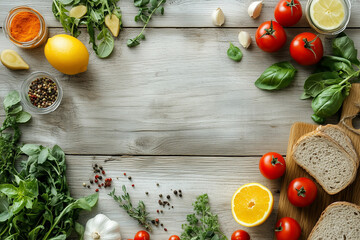 Fresh vegetarian ingredients on rustic wooden table
