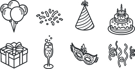 Naklejka premium A collection of doodle style icons representing party elements like balloons, cake, and gifts.
