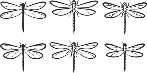 A collection of six stylized dragonfly illustrations in black and white.