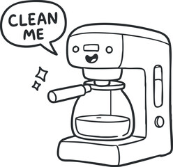 A cute cartoon coffee maker with a smile and a friendly reminder to clean it.