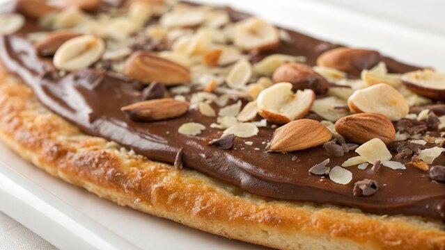 Delicious beavertail dessert with rich chocolate spread and crunchy toppings on a sunny afternoon