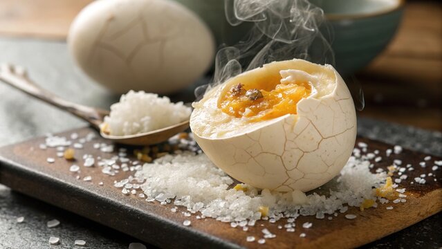 Steaming balut egg served on a rustic wooden board with sea salt, capturing the essence of traditional street food culture