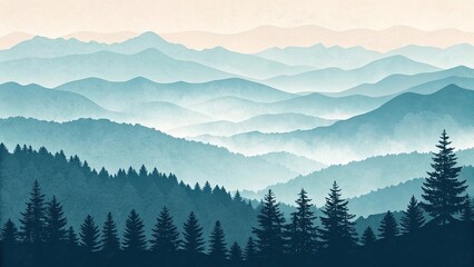 Obraz premium Ink wash gradient landscape depicting serene mountains and forests in calming tones during early morning light