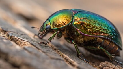 Naklejka premium Exploring the iridescent beauty of a beetle shell up close in a natural setting