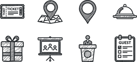Collection of hospitality and event planning icons including ticket, map, guest list, and more.
