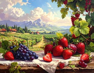 Vibrant painting of a vineyard landscape with fresh fruit and beautiful scenery