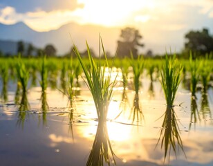 Vibrant Rice Paddy Field at Sunrise with Reflection in Water and Mountain View
