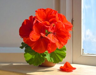 Vibrant Red Geranium Blooming in a Pot on a Windowsill with Bright Sunlight