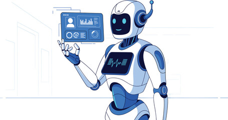 Futuristic Robot Interacting with Digital Interface Showing Data Charts, AI Analysis, and Human-Robot Communication in Modern Technology Environment 