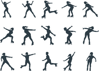 Roller skating silhouette, skater motion, dynamic posture, athletic movement, sports action, balance pose, flat vector illustration, agility, speed, graphic