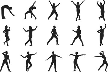Silhouettes of dancing and stretching poses, active human movements, fitness gestures, black figures in motion, flat vector illustration design