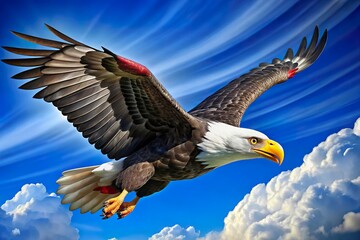 Obraz premium Majestic bald eagle soars against a vibrant blue sky, embodying the spirit of American freedom and strength