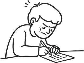 A young boy focused on writing, showing signs of frustration and concentration while studying.