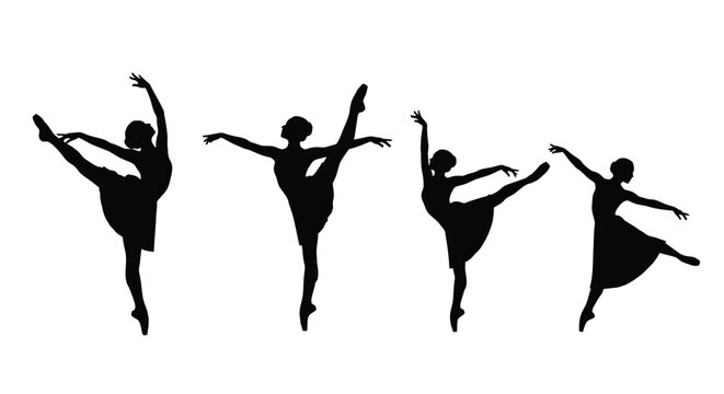 Elegant silhouettes of four ballet dancers in dynamic poses displayed