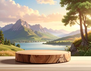 Wooden podium display in a scenic landscape, product presentation or background