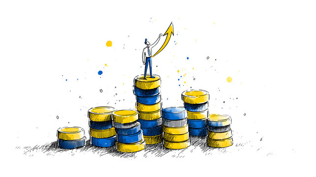 Businessman atop coin stacks pointing at upward arrow, financial growth concept.