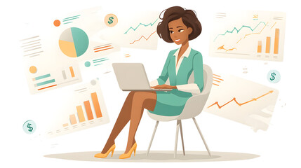 Confident businesswoman analyzing financial data on laptop with charts background