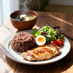Balanced Meal: Teriyaki Chicken, Brown Rice, Soft-Boiled Egg and Fresh Salad