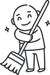 A cheerful cartoon character happily sweeping with a broom, symbolizing cleanliness and joy in chores.