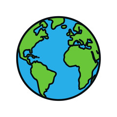A cartoon drawing of the Earth with a blue ocean and green land. The drawing is very simple and colorful. Vector.