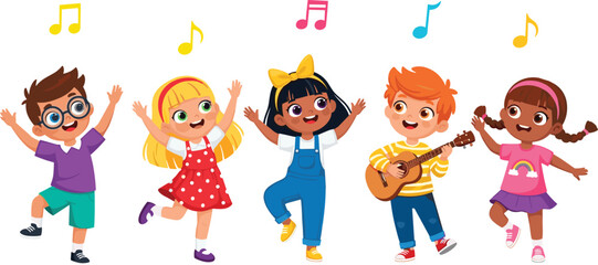 Smiling cartoon girls with a vector illustration of paint, a gift, and a fan for fun childhood play