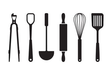 Collection of black silhouettes of kitchen utensils on a white background