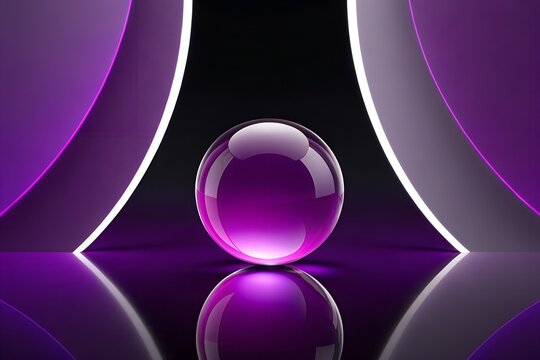 Glassmorphism background with glowing purple glass sphere and curved arcs on reflective surface—ideal for tech and UI design