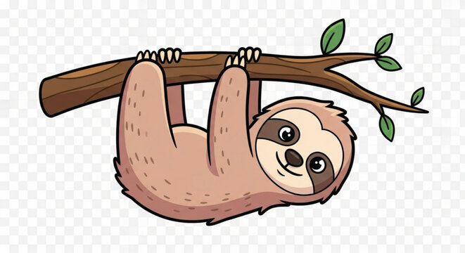 Cute cartoon sloth hanging upside down from a tree branch with green leaves art