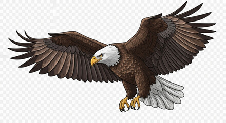 Obraz premium Majestic bald eagle soars with outstretched wings against a transparent backdrop