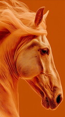 Majestic fire horse profile against a vibrant orange background showcasing natural beauty and elegance