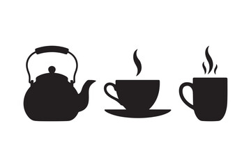 Silhouette of a teapot and two steaming cups of beverage