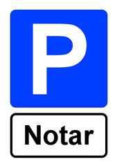 lllustration eines blauen Parkplatzschildes mit der Aufschrift "Notar"	