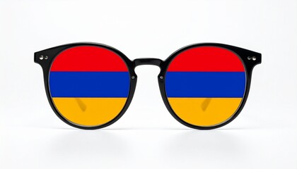 Black-framed sunglasses with lenses displaying Armenian