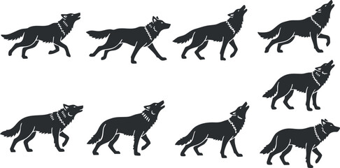 Fototapeta premium Silhouettes of wolves in various poses capturing their movement and behavior in nature.
