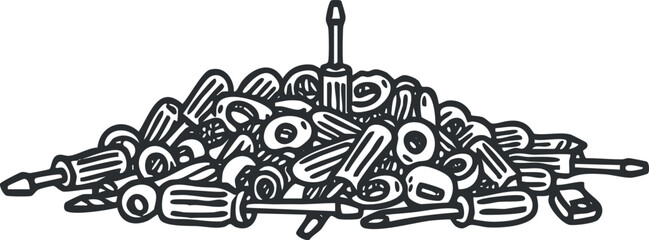 A detailed illustration of a pile of assorted screwdrivers and related tools for repair work.