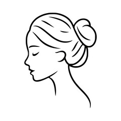 Elegant Female Head with Bun Hairstyle and Closed Eyes in Minimalist Line Art Isolated on Transparent Background.