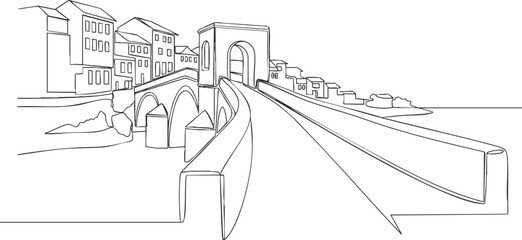 A minimalist line drawing of a river bridge with buildings along the banks.