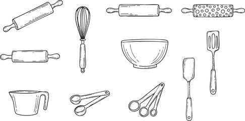 Hand-drawn kitchen utensils including rolling pins whisks and measuring spoons for cooking and baking.