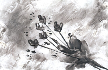 Black and white flower bouquet. Art, painting. Encaustic, art decoration, sketch. Illustration hand drawn modern, hot wax new