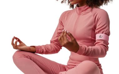 Serene woman wearing pink fitness clothes practicing mindfulness meditation in a tranquil environment isolated on transparent background PNG