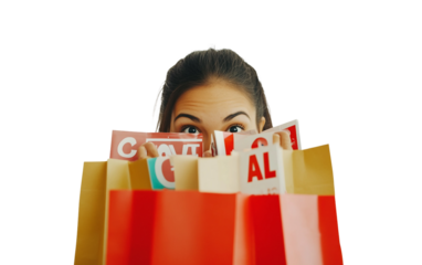 Woman peeking from behind shopping bags with sale tags showing excitement after successful shopping spree isolated on transparent background PNG