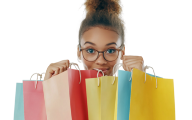 Playful woman hiding behind colorful shopping bags decorated with sale labels during retail season isolated on transparent background PNG