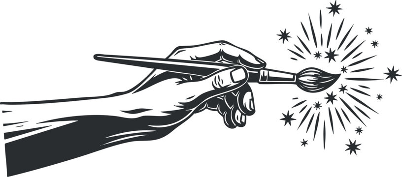 A hand holding a brush creating magical sparkles and stars, representing creativity and art.