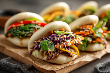 Steamed bao buns filled with vegetables, greens, and sesame seeds