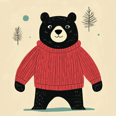 Cozy Cartoon Bear in Knitted Sweater – Modern Minimalist Animal Illustration