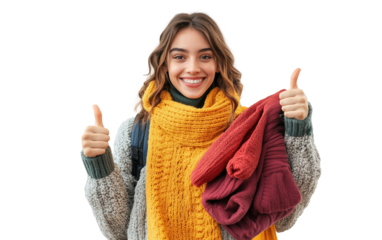 Woman showing a thumbs up while carrying discounted shopping bags expressing satisfaction and joy isolated on transparent background PNG