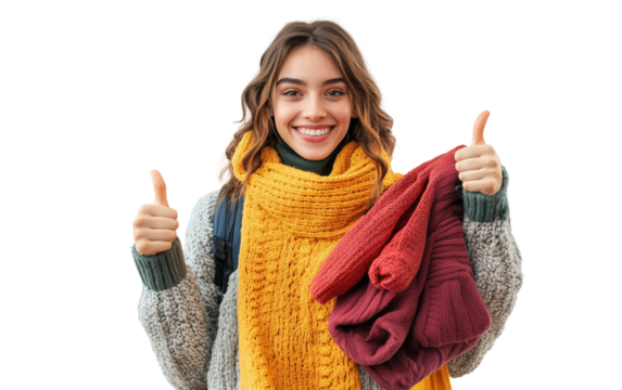Woman showing a thumbs up while carrying discounted shopping bags expressing satisfaction and joy isolated on transparent background PNG