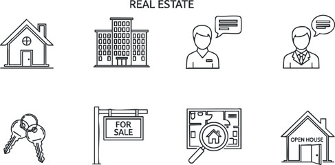Collection of real estate icons including houses, keys, and open house symbols for property marketing.