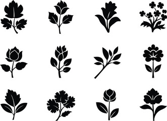 A collection of flower silhouette icons for artwork compositions