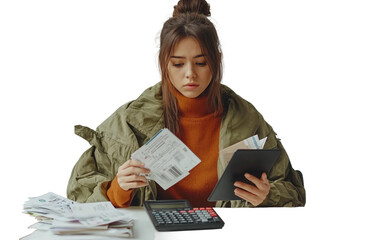 Serious woman working on household budget using calculator and documents at home office desk isolated on transparent background PNG
